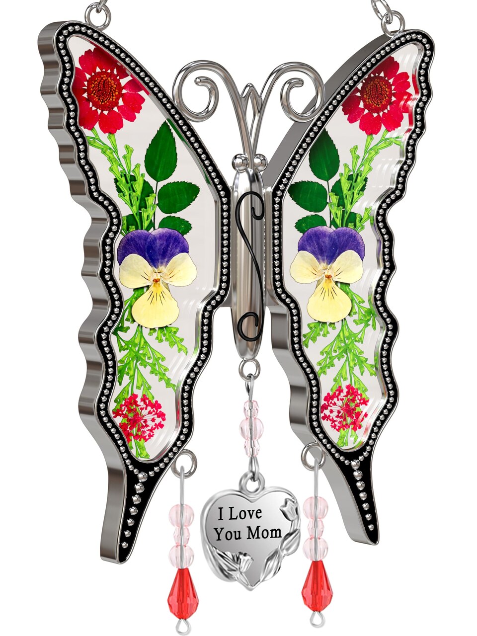 Gifts for Mom Butterfly Suncatcher I Love You Mom Stained Glass Sun Catcher Hanging for Window Wind Chime Pressed Dried Flowers Engraved and Metal Charm Mothers Day Valentine's Birthday Decor